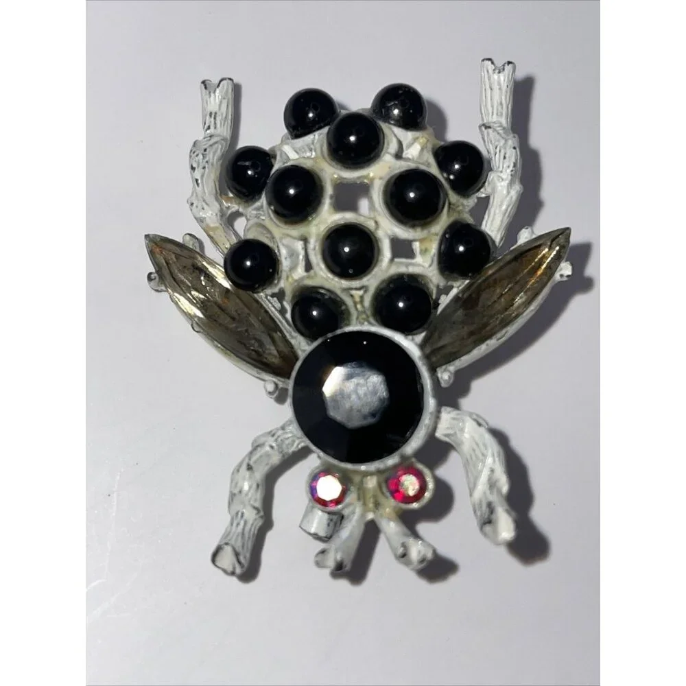 RARE! Bijou White Enamel Bug Bee Fly Rhinestone Brooch Pin Vintage‎ AL2.1